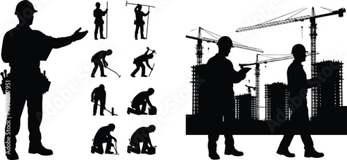 Construction workers silhouettes, industrial building site with cranes, engineers and labor team working on urban development project skyline background