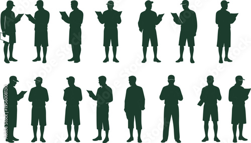 Warehouse worker silhouette collection, logistics staff characters set, inspector with clipboard icons, professional delivery man silhouettes for industrial graphic design.