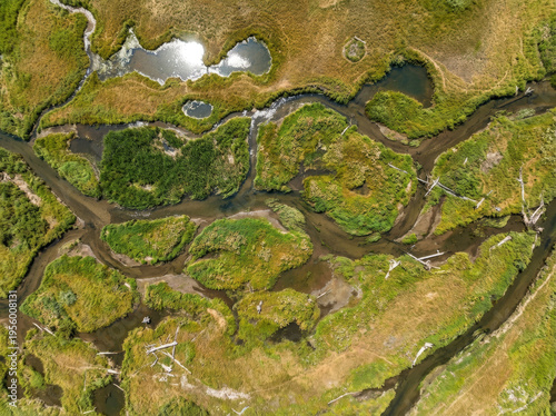 Aerial view of a winding river and marshy landscape with green and brown vegetation.