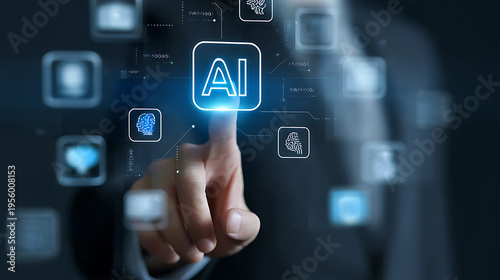 AI futuristic technology transformation concept. AI chip in hand while work with laptop computer. Artificial intelligence innovation and global online network connection for access to digital service.