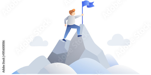 A man plants a flag atop a rocky mountain peak achieving success
