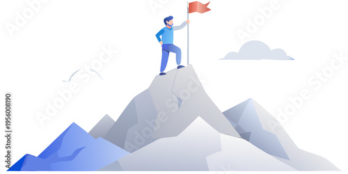 A man plants a red flag atop a mountain peak symbolizing success