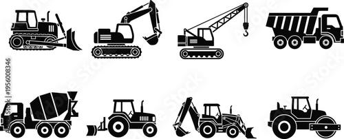 Black silhouette of industrial factory complex with heavy construction cranes, manufacturing plant chimneys, urban infrastructure development, and large scale engineering project.