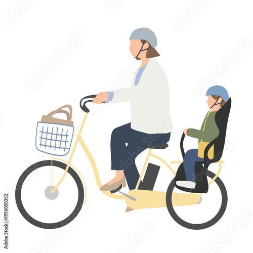 子どもを乗せて自転車に乗る母親 保育園送迎のイラスト