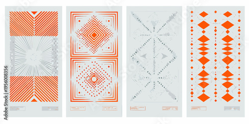 Four vertically oriented panels displaying geometric symmetrical orange patterns