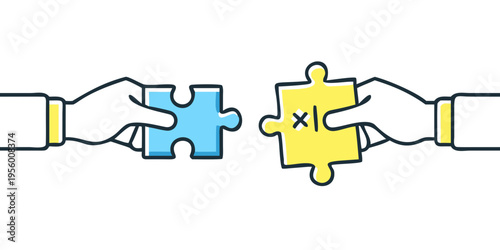 Hands connecting puzzle pieces representing ukrainian flag colors and unity