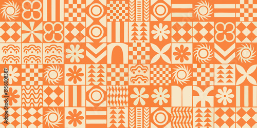 Abstract geometric pattern with floral and linear elements in orange hues