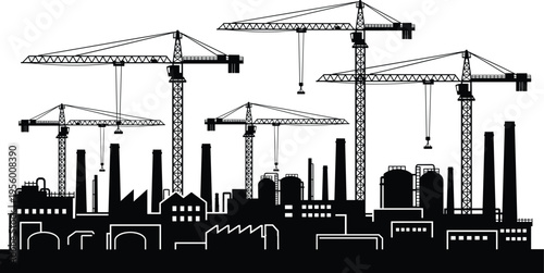 Black silhouette of industrial factory complex with heavy construction cranes, manufacturing plant, power station chimneys, urban infrastructure, and engineering project site.