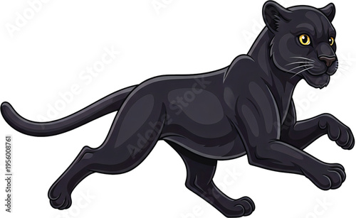 Dynamic illustration of a sleek black panther in full stride, portraying its power and agility as it moves across a clean white background