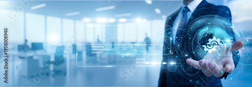 Developer holding settings panel showing system growth graph with configuration control, software option, user preference, technology setup, program adjustment, digital system concept.