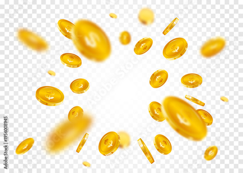 Gold coins explosion. Realistic flying golden dollar sing coins splash. Coins burst and explode wealth, jackpot, treasure, and finance concept