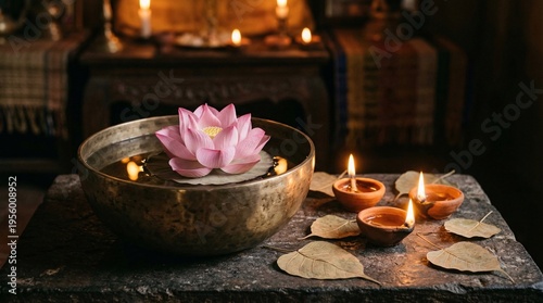 Polished bronze singing bowl floating a single pink lotus flower, surrounded by burning terracotta oil lamps and heart-shaped Bodhi leaves.