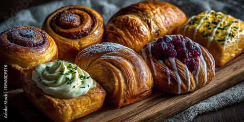 Professional Overhead Food Photography of Assorted Danish Pastries and Croissants with Jam, Cinnamon Rolls and Glazed Buns on Wooden Board