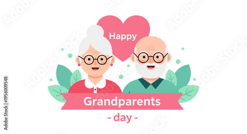 Joyful grandparents day celebration with happy elderly couple loving heart and decorative leaves vector illustration