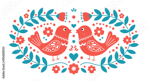 Whimsical folk art style illustration of two adorable red birds facing each other amidst decorative teal leaves