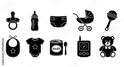 Collection of flat black icons representing baby essentials and care items including a pacifier bottle diaper stroller