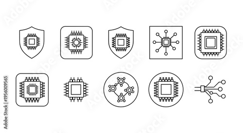 Collection of stylized line art icons representing microchips processors and digital security shields ideal