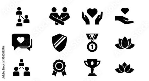 Collection of black vector icons representing concepts like teamwork love security achievement and well