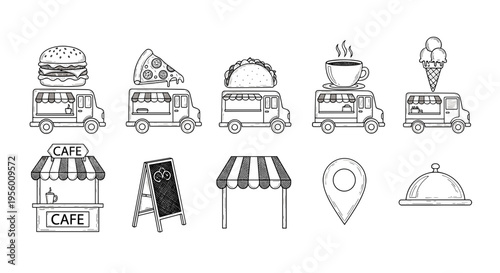 Hand drawn sketch icons of diverse food trucks and street food stalls offering burgers pizza tacos coffee and ice cream