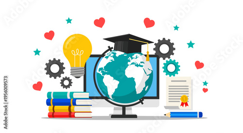 Global education concept with glowing light bulb graduation cap stack of books and world globe on computer screen