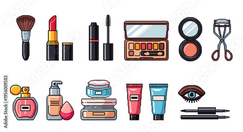 Assortment of colorful cosmetic and beauty products for makeup application and skincare including lipstick mascara