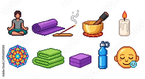 Collection of pixel art icons for yoga and meditation including a person meditating mat incense singing bowl candle