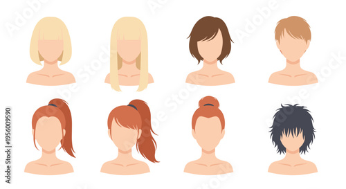 Diverse collection of eight faceless female hairstyles in a grid showcasing blonde brown red and dark hair