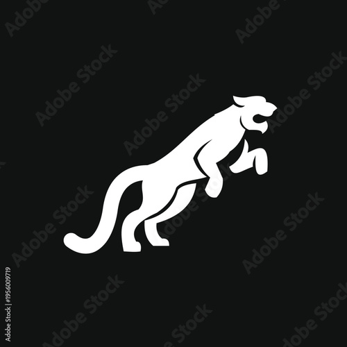 Dynamic White Feline Big Cat Leaping Silhouette Logo