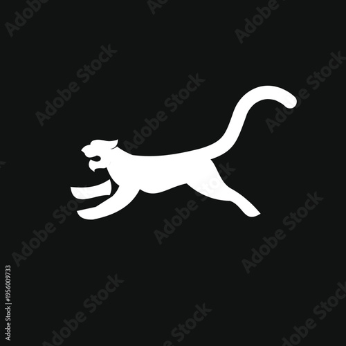 Dynamic White Silhouette of a Leaping Wild Cat with Roaring Mouth on Black Background