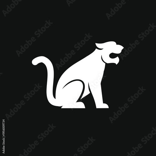 White Big Cat Silhouette Logo Sitting and Roaring on Black Background