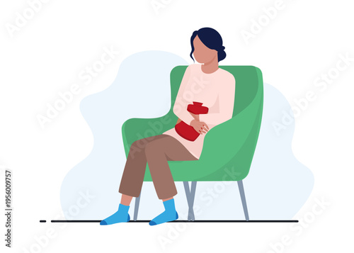 Woman holding hot water bottle for stomach pain relief stock illustration.