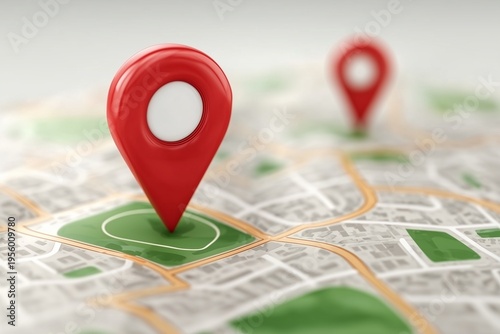 Digital Navigation Concept: Red Map Pinpoints Highlight Urban Location on Street Map