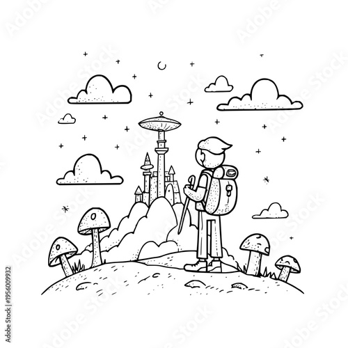 Whimsical cartoon hiker with backpack and walking stick gazing at a fantastical castle perched atop a hill surrounded by giant mushrooms under a starry sky with fluffy clouds