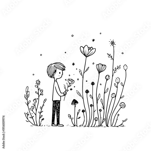 Whimsical line art illustration of a young boy standing in a field of stylized wildflowers and plants holding a single bloom evoking a sense of childhood wonder innocence