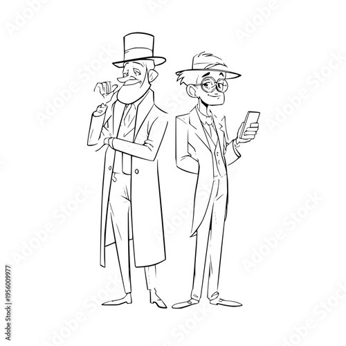 Stylized cartoon illustration depicting two contrasting gentlemen in vintage attire one older with a top hat and pipe the other younger with glasses and a smartphone standing back