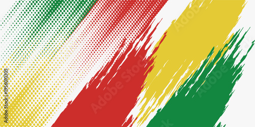 Elegant Grunge brush strokes in red, yellow, and green with halftone pattern on white background. Perfect for reggae themes, music flyers, cultural designs, and creative artwork.