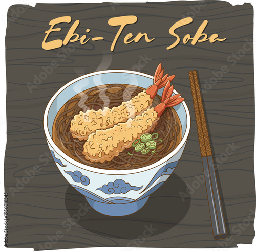 Ebi-Ten Soba is a Japanese noodle dish with soba in hot broth, topped with crispy tempura shrimp and green onions. Translation: Shrimp Tempura Soba.