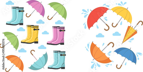 Colorful Rainy Season Icon Set with Umbrellas, Rubber Boots, Water Splashes and Weather Elements for Monsoon Design and Forecast Graphics