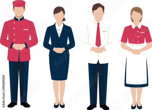 Hotel staff uniform set concierge receptionist waiter housekeeper service hospitality workers illustration design concept