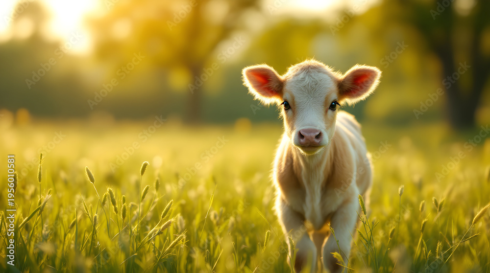 Obraz premium Calf in grassy field at sunset