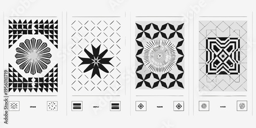 Four black and white geometric patterns resembling woven textiles