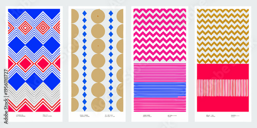 Four vertically arranged panels displaying colorful geometric patterns
