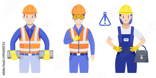 Three construction workers in protective gear stand against a black background