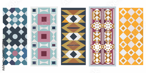 A series of six vertically oriented patterned rug or textile designs