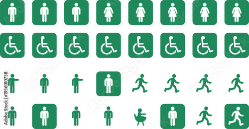 Set of public restroom icons including male female disabled walking symbols minimal flat design green signage collection vector illustration