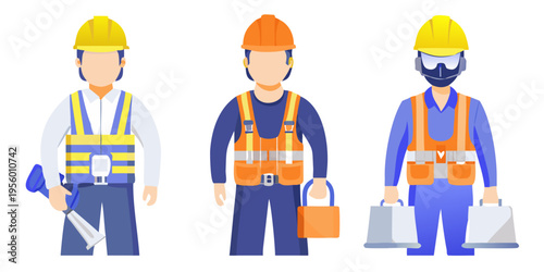 Three construction workers in safety gear standing in a row