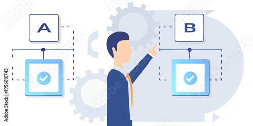 Man interacting with digital interfaces and choosing between options a and b