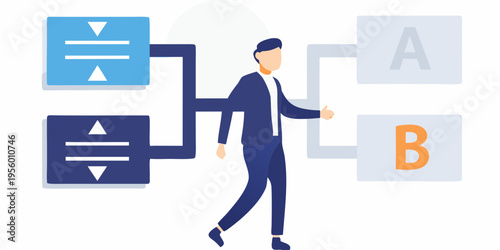 A businessman connecting different blocks representing data or process flow