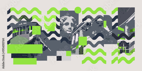 Collage featuring a bust of a man architectural elements and abstract shapes