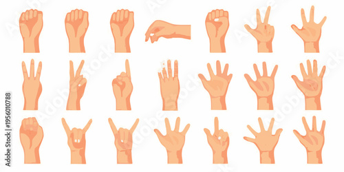 Collection of diverse human hands displaying various gestures and sign language
